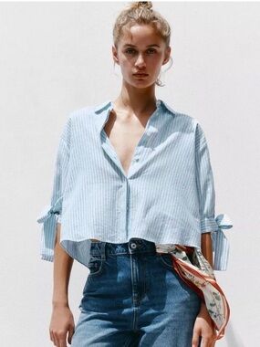 ZARA STRIPED LINEN BOW SHIRT